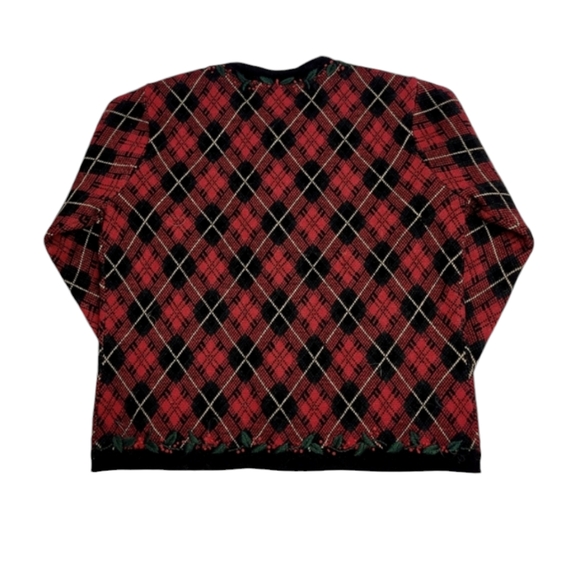 Vintage Talbots Christmas Plaid Cardigan Sweater with Holly Trim Size P - Picture 2 of 8